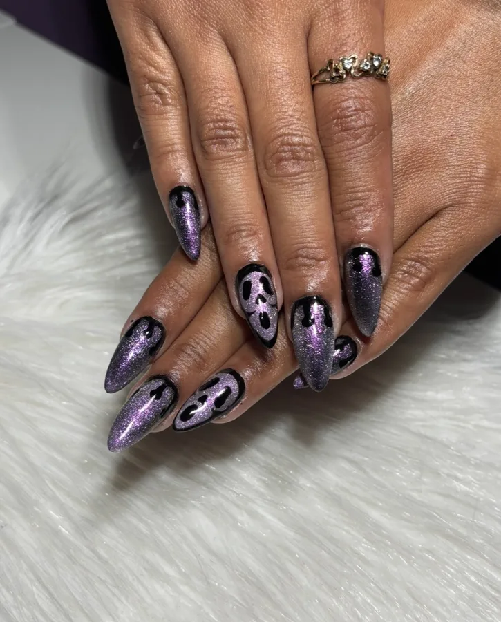 Cat-eye nails with hand-painted art