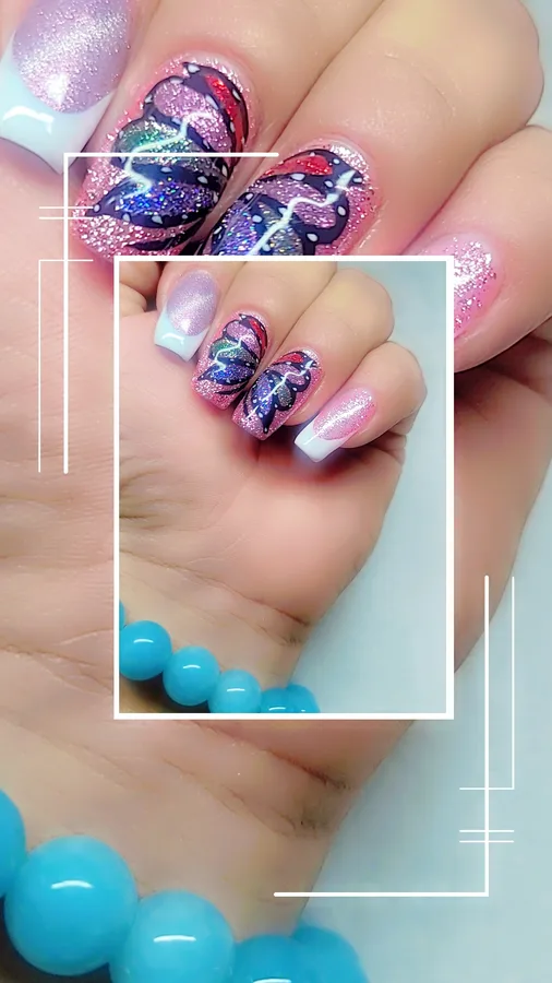 Purple floral French tip nails