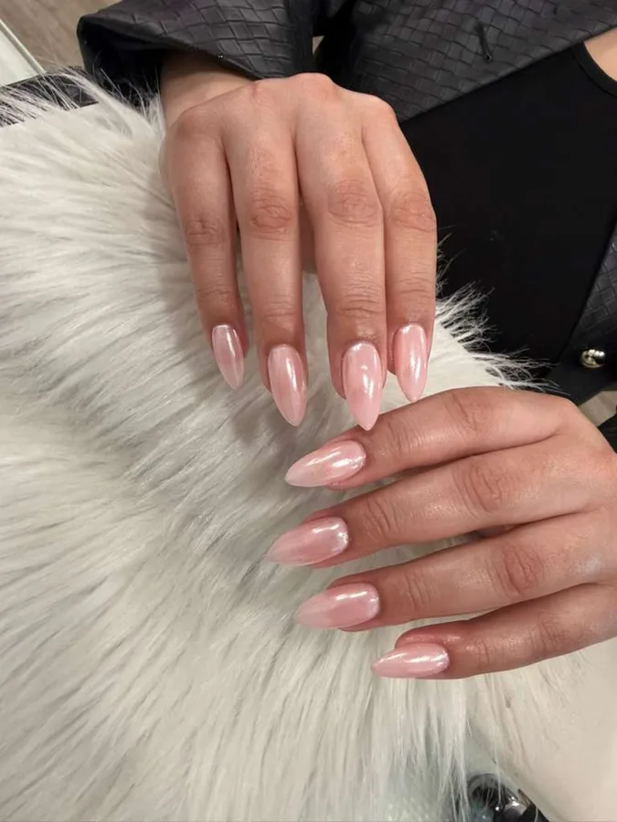 Soft pink French almond nails by Jessica