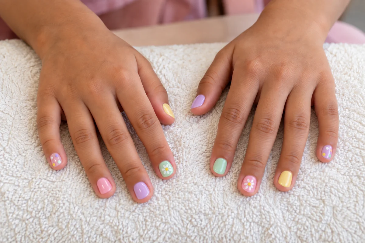 Generated illustration of short nails with pastel polish and daisy designs for kids' manicure services