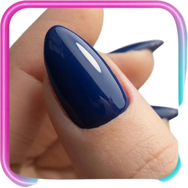 Navy blue almond nail close-up in a neon frame