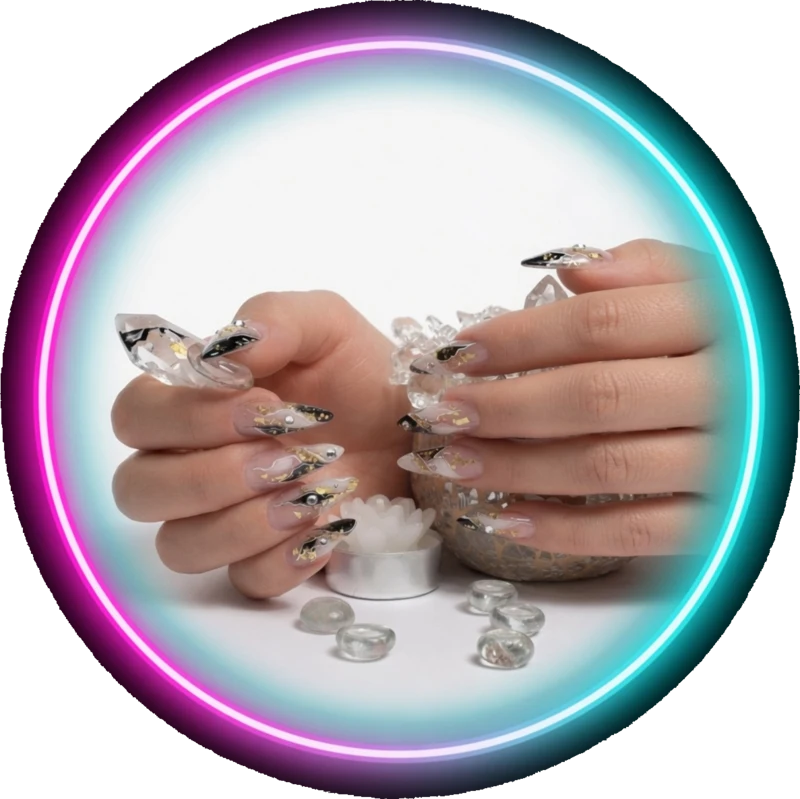 Crystal nail art with gold flakes in a neon circle
