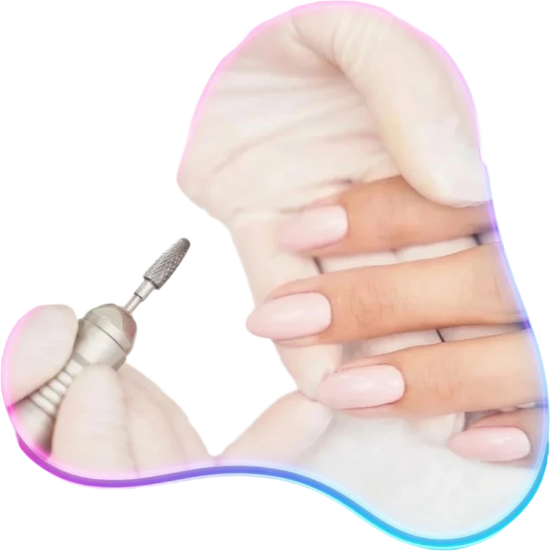 Soft pink manicure with an e-file in a neon frame